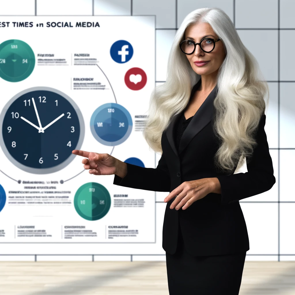 Imagine a professional and sophisticated woman in her 50s, with long flowing white hair and wearing stylish glasses, standing confidently in front of an infographic. The infographic details the best times to post on social media for various industries, including technology, fashion, health, and finance. The woman is pointing at the chart, which is colorful and easy to understand, featuring clocks, social media icons, and graphs. She appears knowledgeable and is dressed in business attire, ready to share her expertise on maximizing social media engagement. The setting is modern and clean, emphasizing clarity and insight.