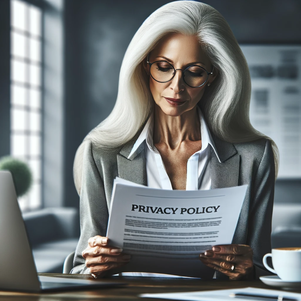 A sophisticated woman in her 50s with long white hair and glasses, reading a privacy policy document in a modern office environment. The setting includes a clean desk with a laptop open, a cup of coffee, and the document in her hands, reflecting a professional atmosphere. The woman appears thoughtful and focused, symbolizing the careful review and understanding of privacy policies. The background is sleek and minimalistic, enhancing the theme of professionalism and attention to detail.